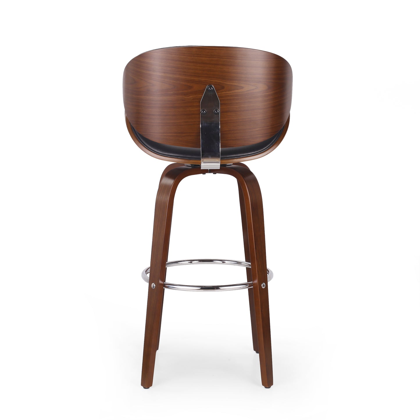 Walnut veneer molded plywood bar stool with black seat and chrome footrest