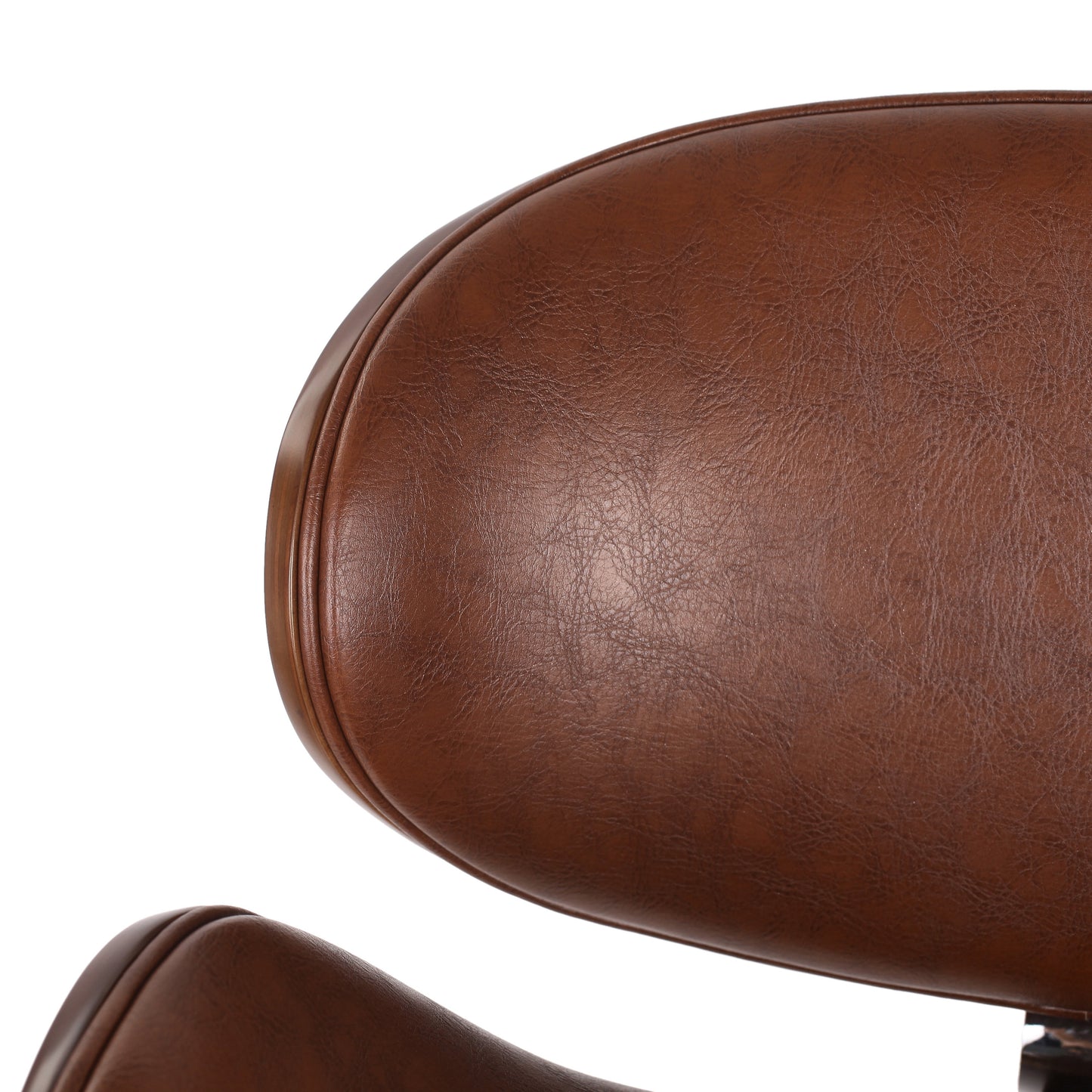 Brown faux leather office chair headrest detail