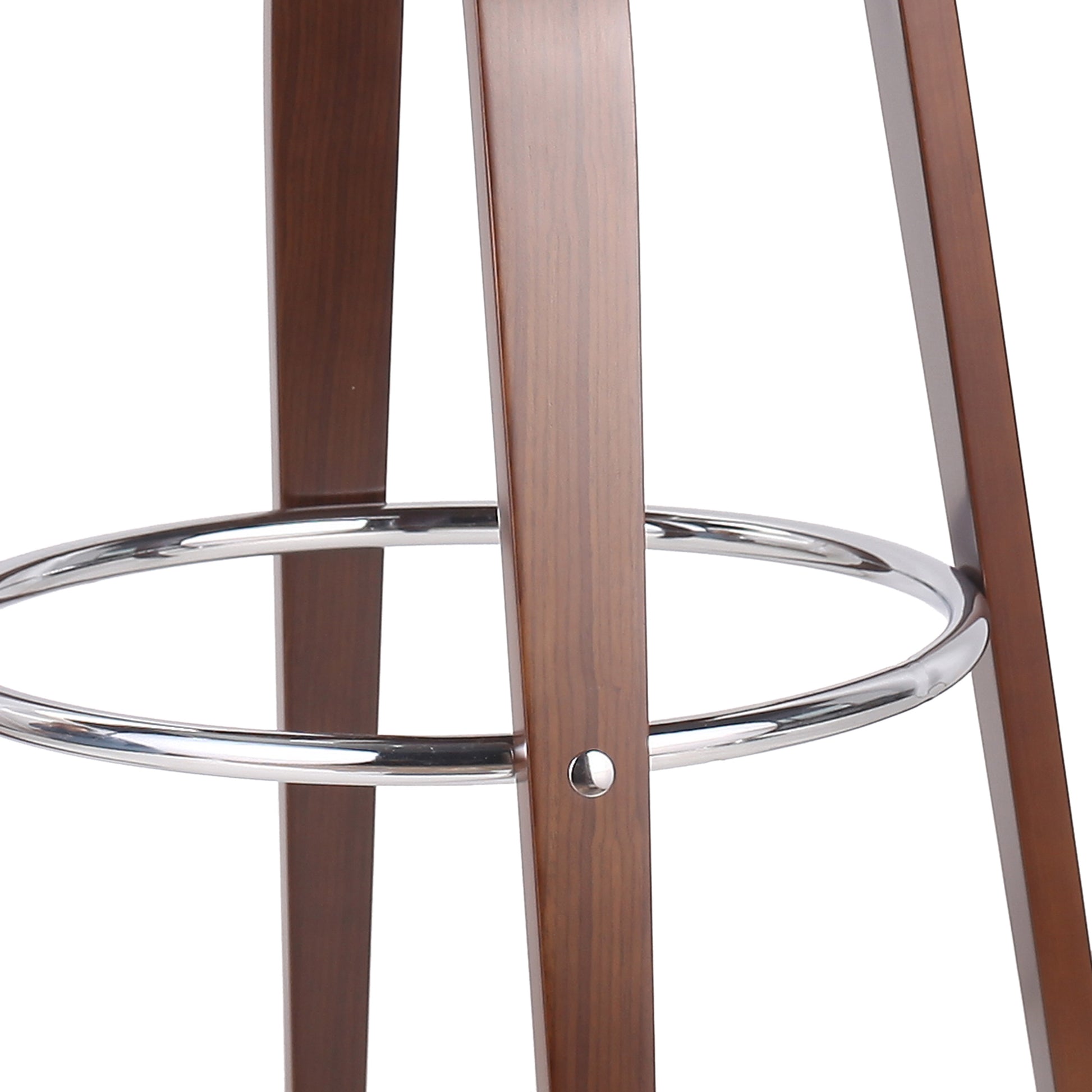 Close up of wooden bar stool legs with a chrome footrest ring