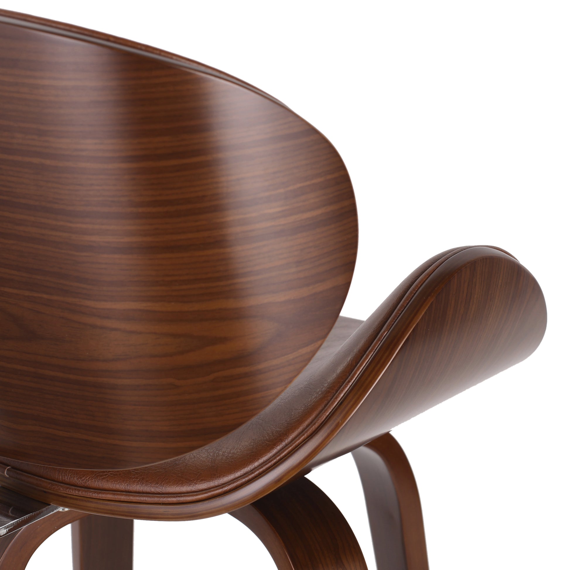 Curved walnut veneer bar stool with leather seat