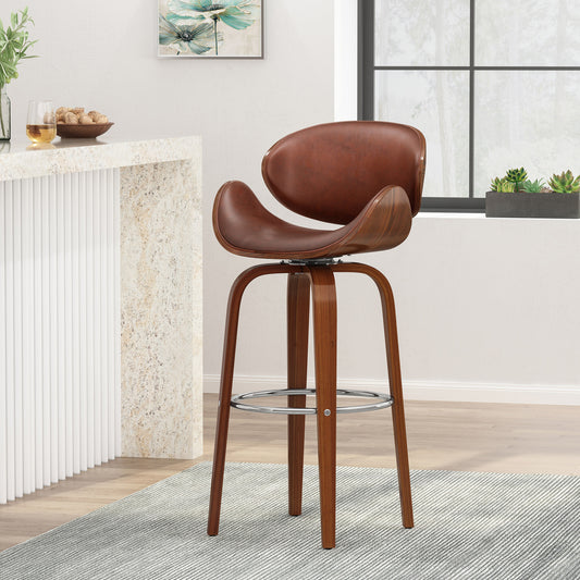 Brown leather swivel bar stool with curved wooden seat and back