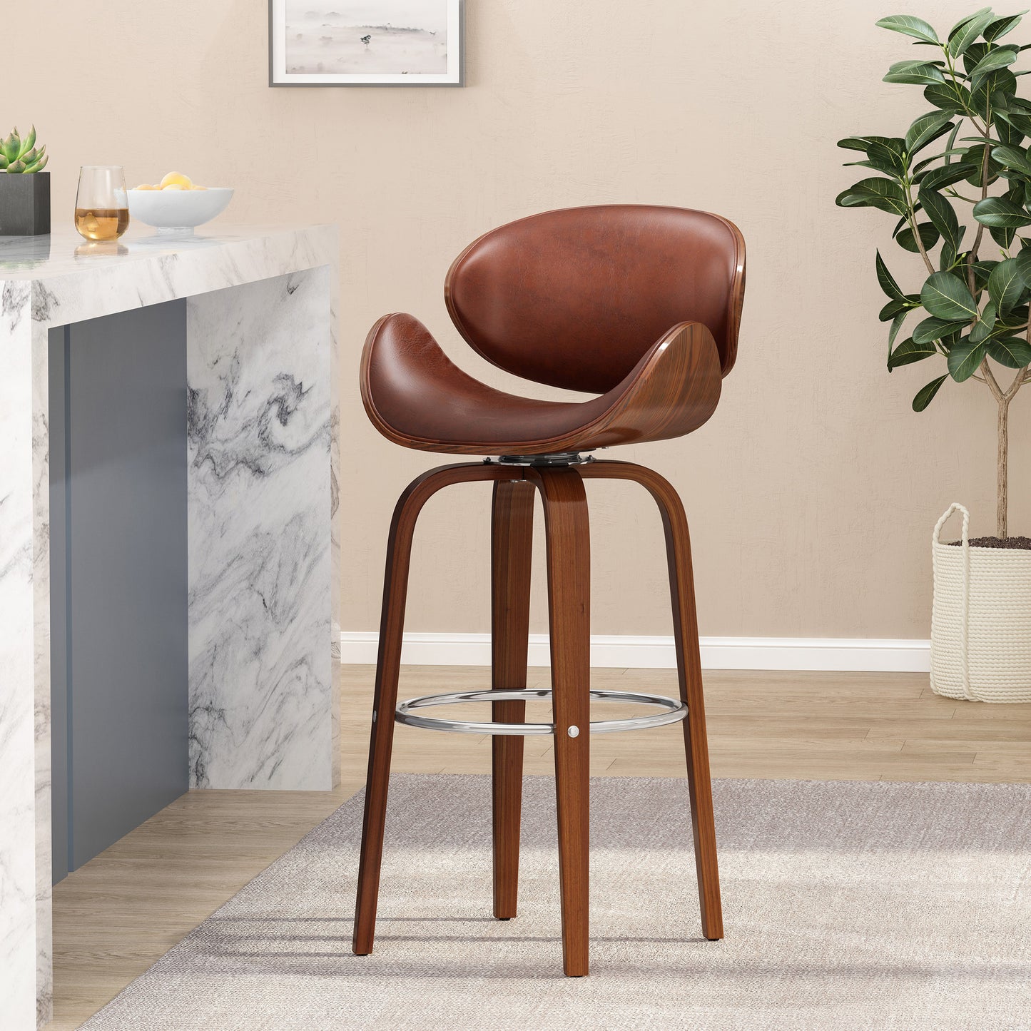 Brown leather swivel bar stool with curved seat and wooden legs