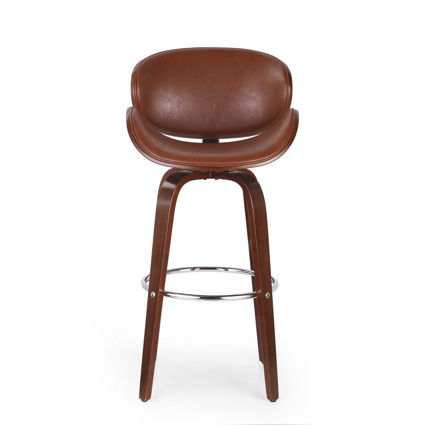 Brown leather swivel bar stool with curved back