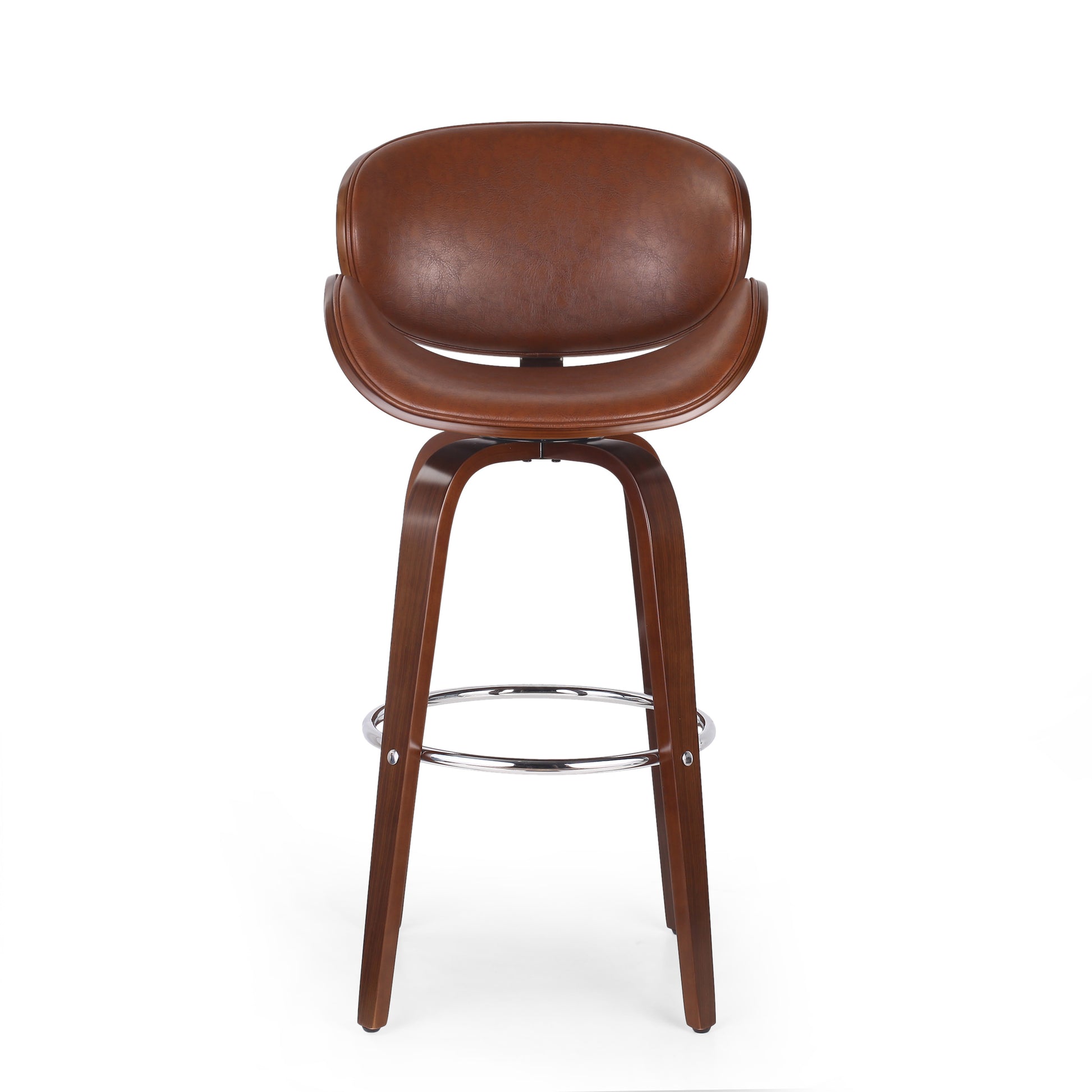 Brown leather swivel bar stool with curved back