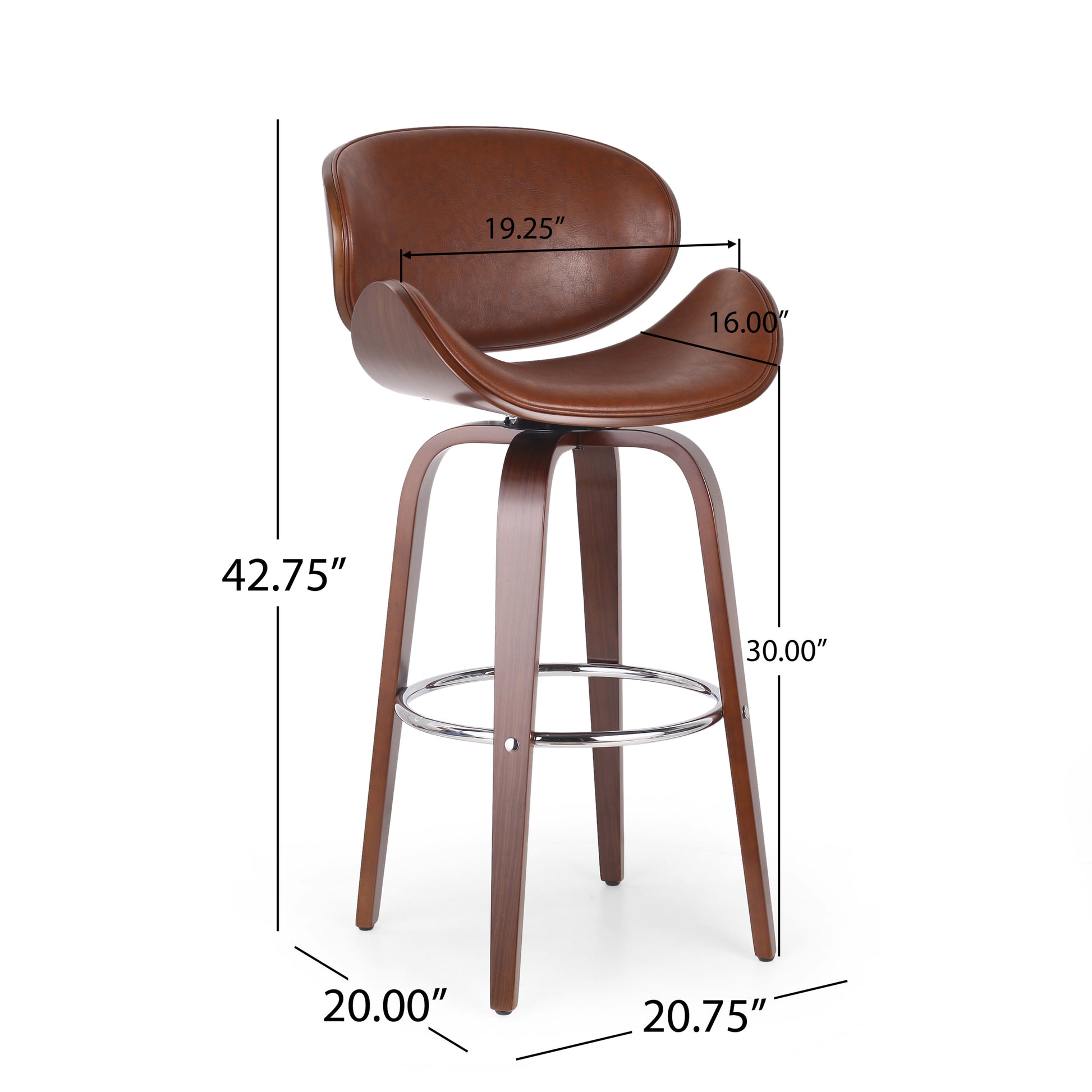 Brown faux leather midcentury modern bar stool with wood base