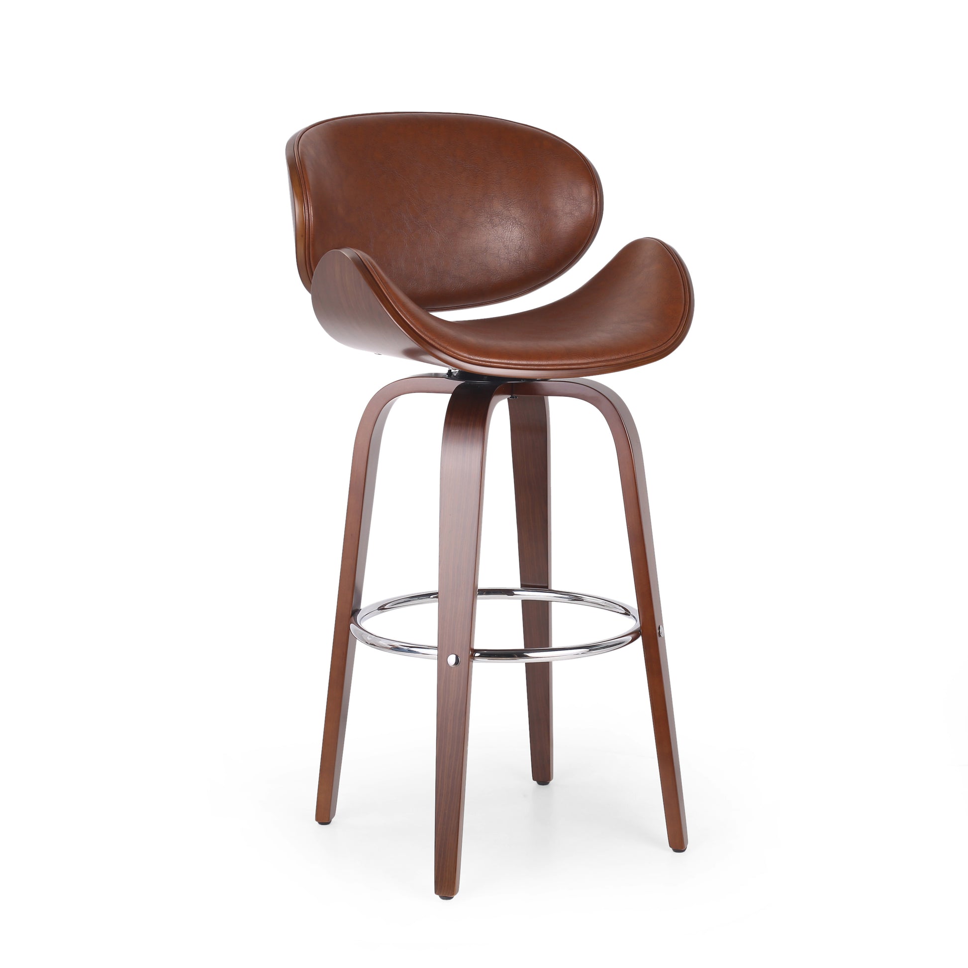 Brown faux leather midcentury modern bar stool with curved seat and wooden base