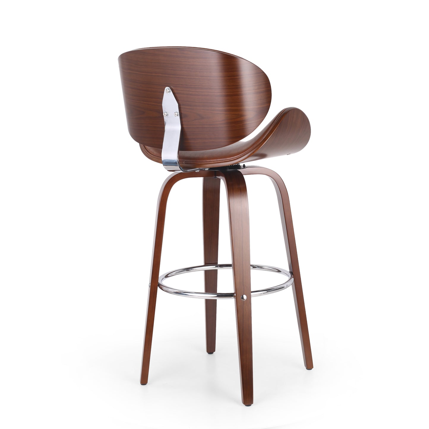 Swivel bar stool with curved walnut wood seat and polished chrome footrest