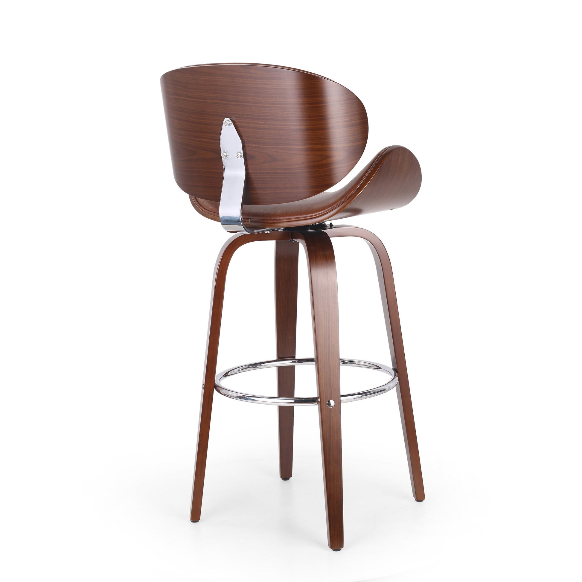 Swivel bar stool with curved walnut wood seat and polished chrome footrest