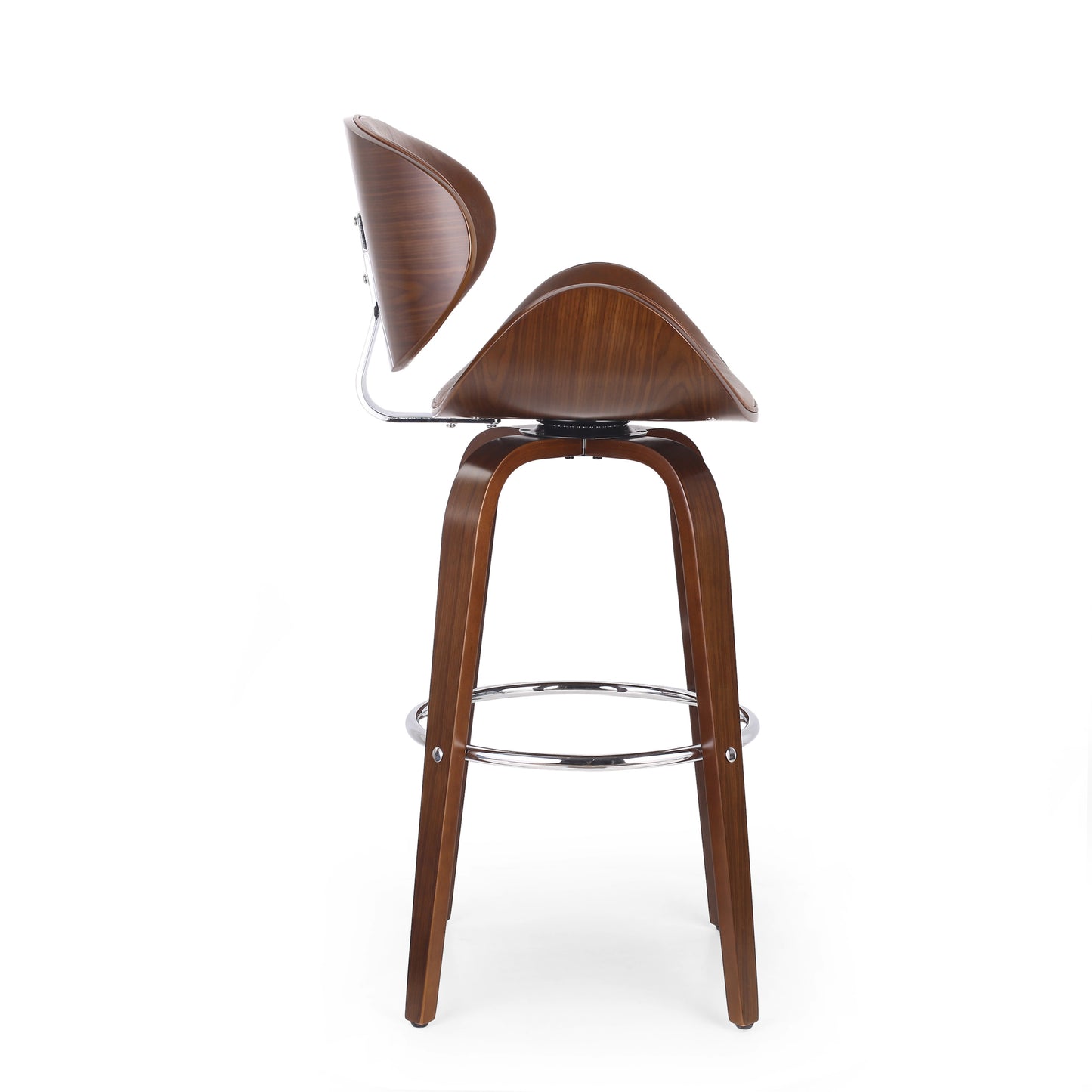 Walnut wood and chrome swivel bar stool with curved seat and back