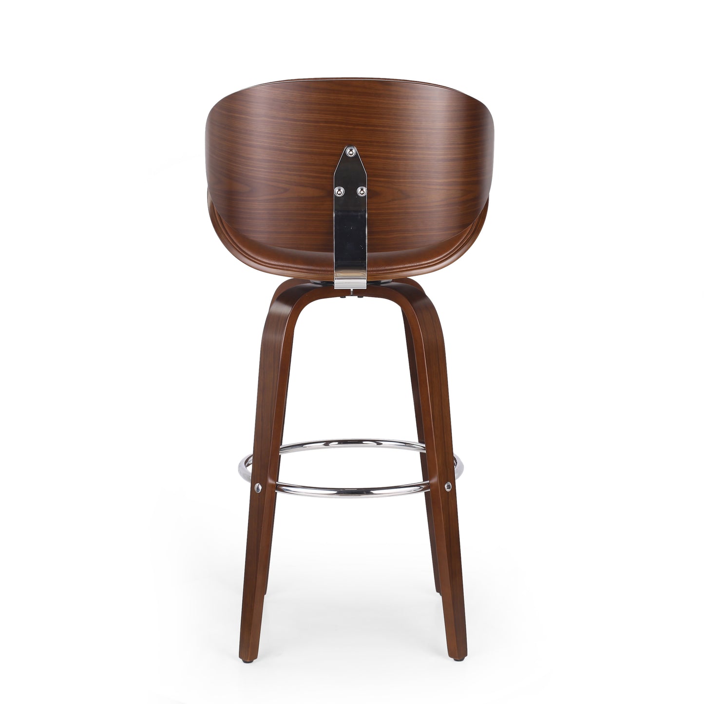 Back view of a modern walnut wood curved bar stool with chrome footrest