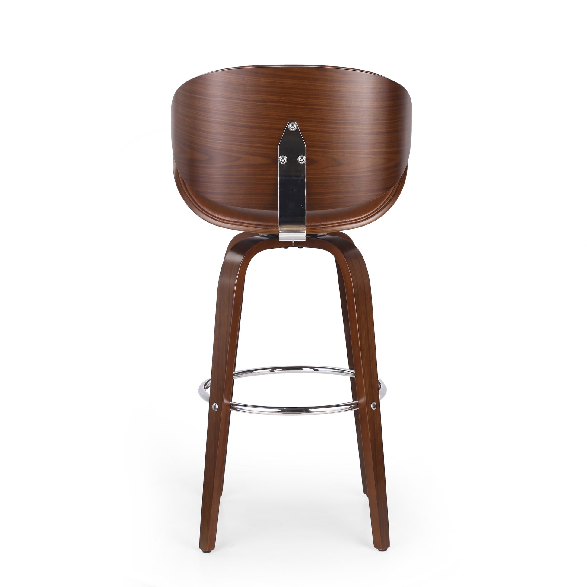 Back view of a modern walnut wood curved bar stool with chrome footrest