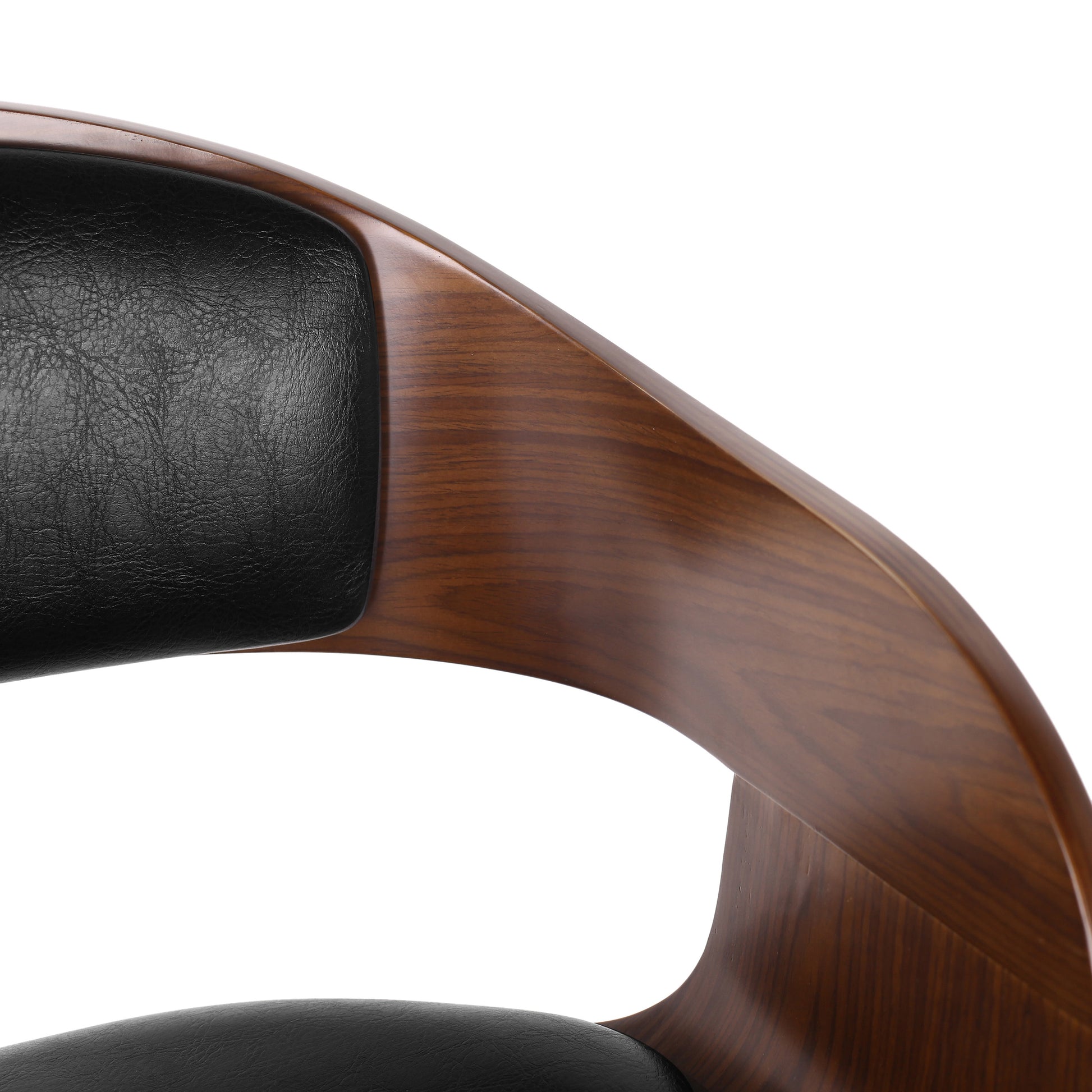 Black leather and walnut curved chair armrest detail