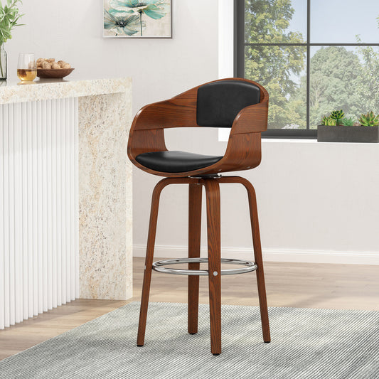 Midcentury modern bar stool with walnut veneer and black faux leather seat