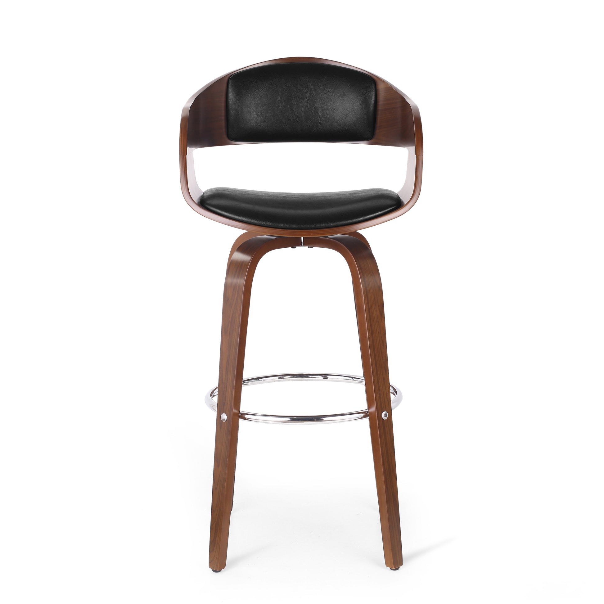 Modern curved wood bar stool with black vegan leather seat