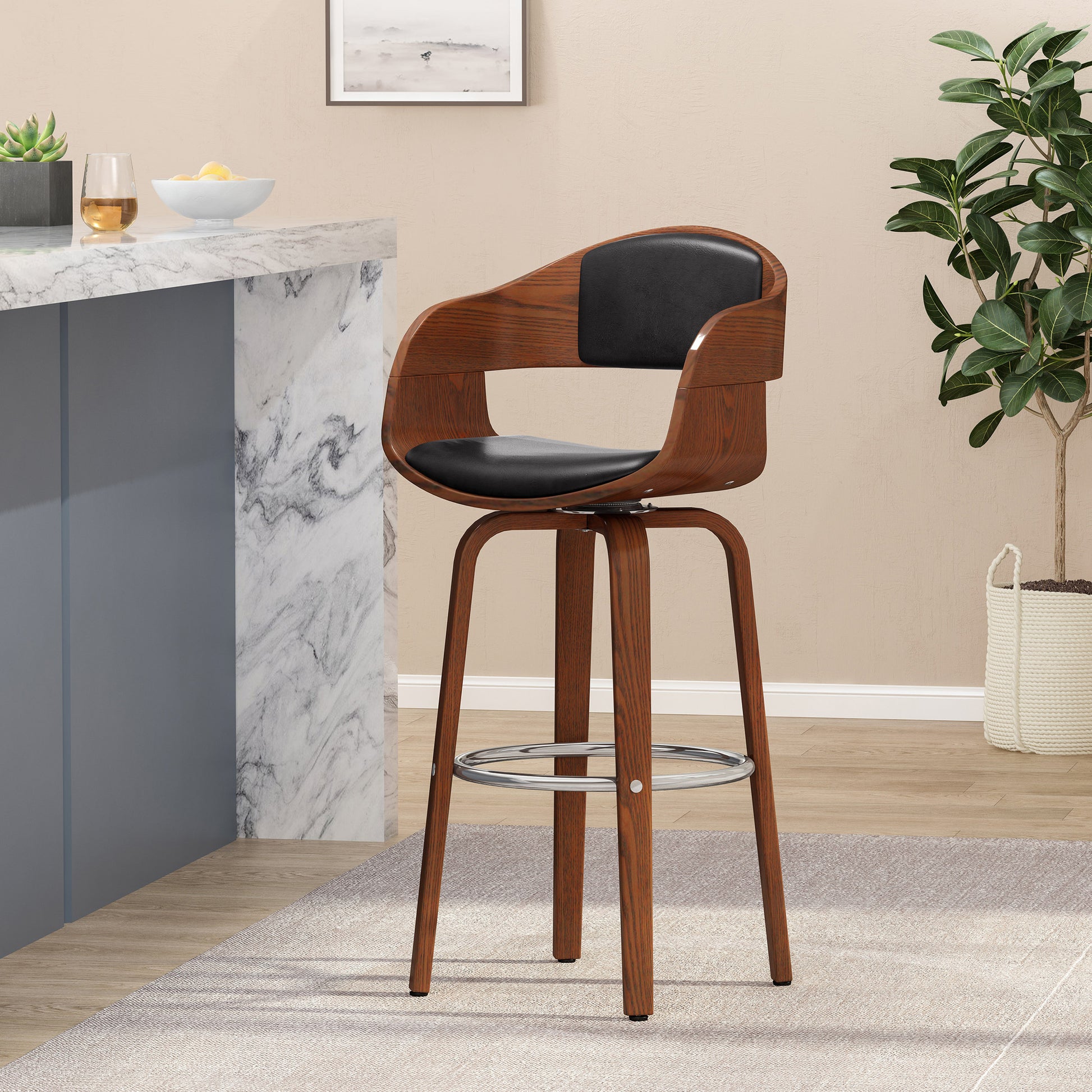 Swiveling bar stool with curved walnut wood shell and black faux leather seat