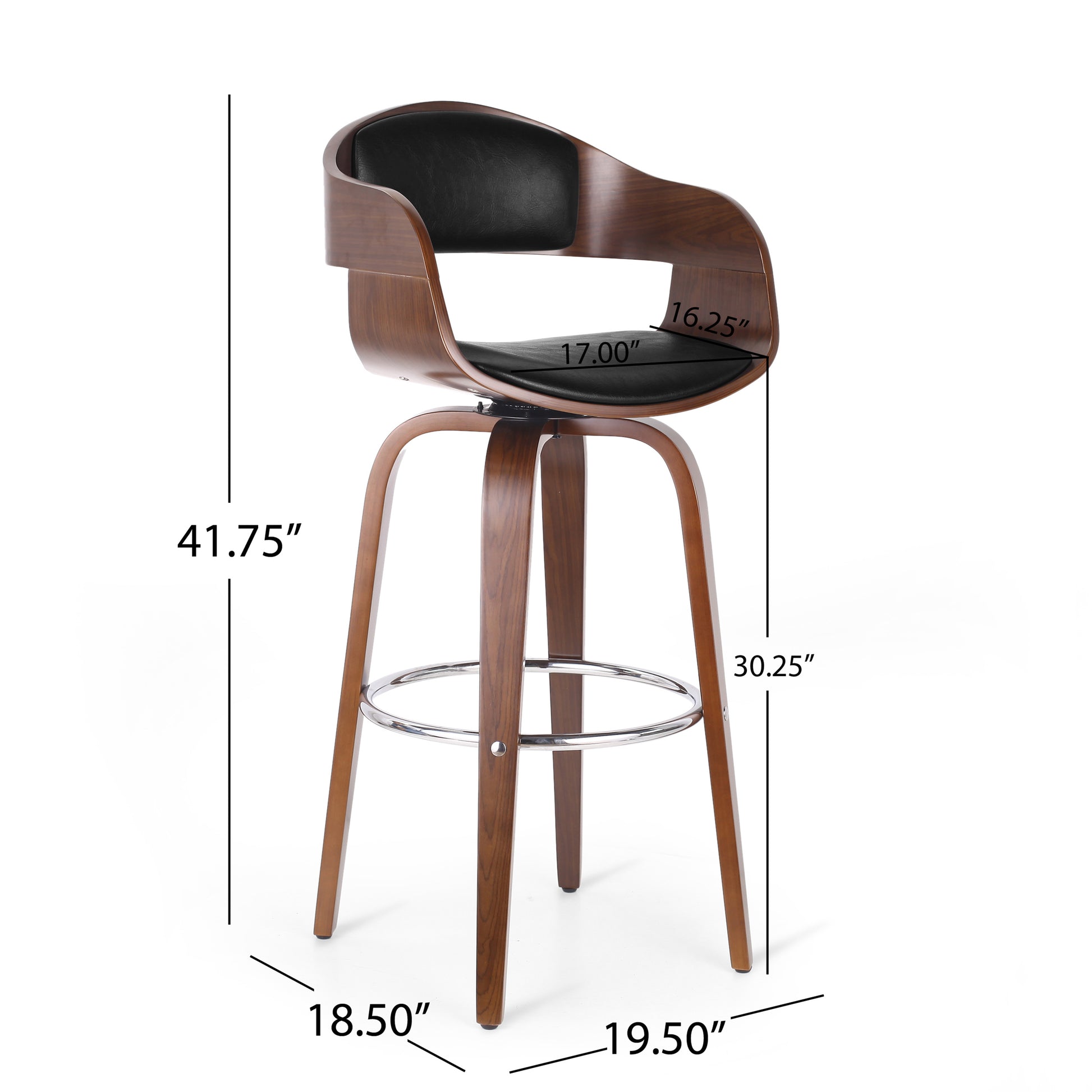 Curved walnut wood bar stool with black leather seat and chrome footrest