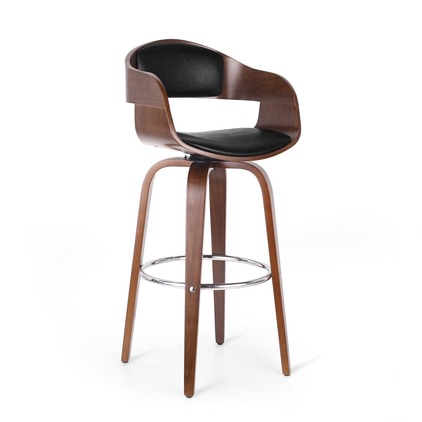 Modern walnut wood and black leatherette swivel bar stool with curved back and chrome footrest
