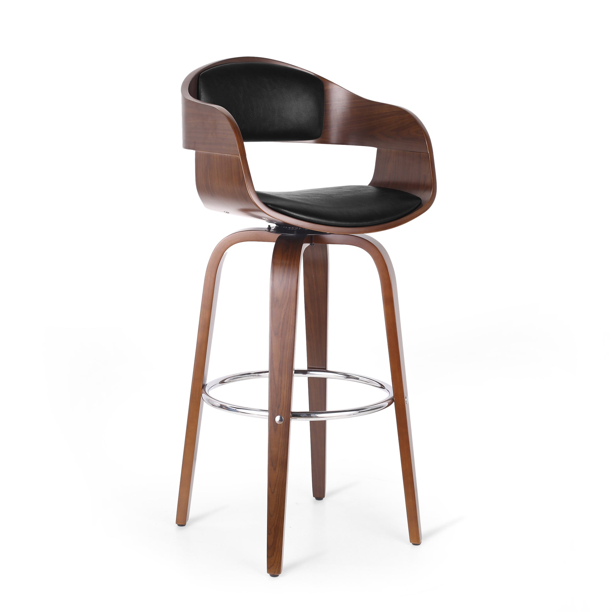 Modern walnut wood and black leatherette swivel bar stool with curved back and chrome footrest