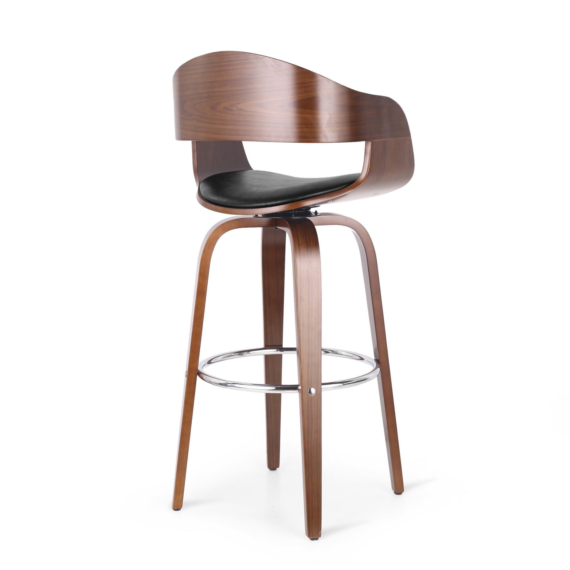 Curved wood bar stool with black leather seat and chrome footrest