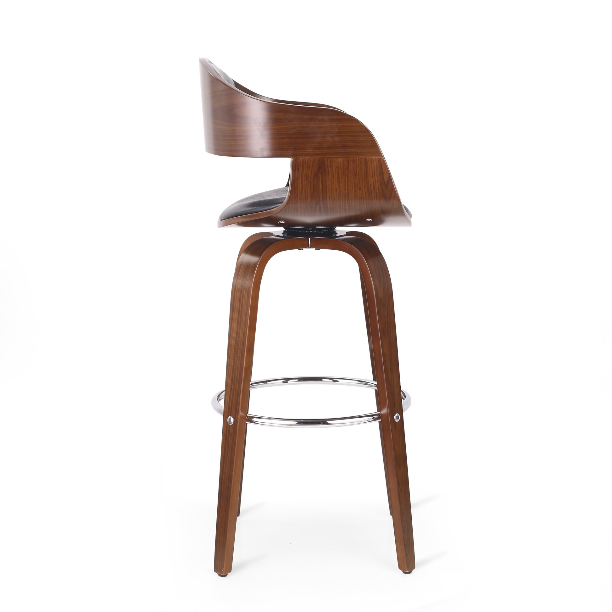 Midcentury modern bar stool with curved walnut wood shell and black seat