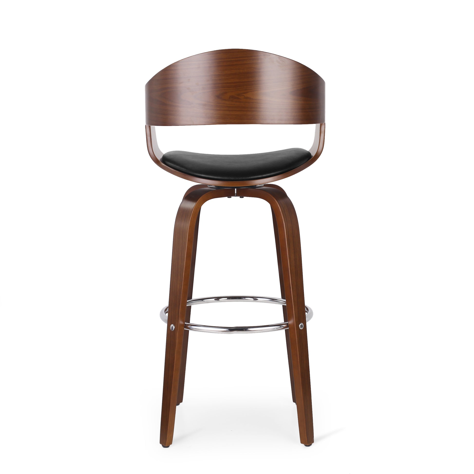 Curved back walnut veneer bar stool with black PU seat and chrome footrest