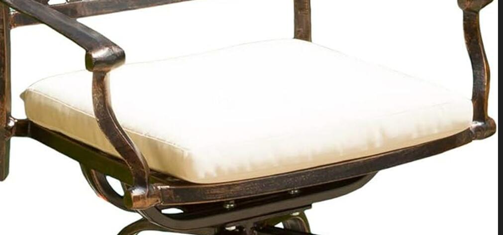 Bronze metal swivel patio chair with plush ivory cushion