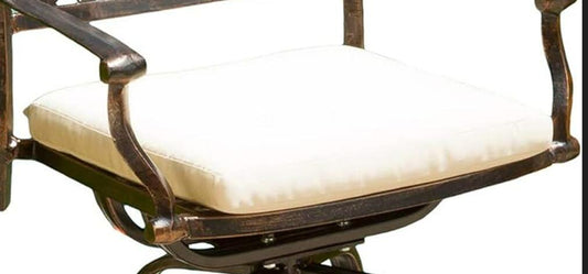 Bronze metal swivel patio chair with plush ivory cushion