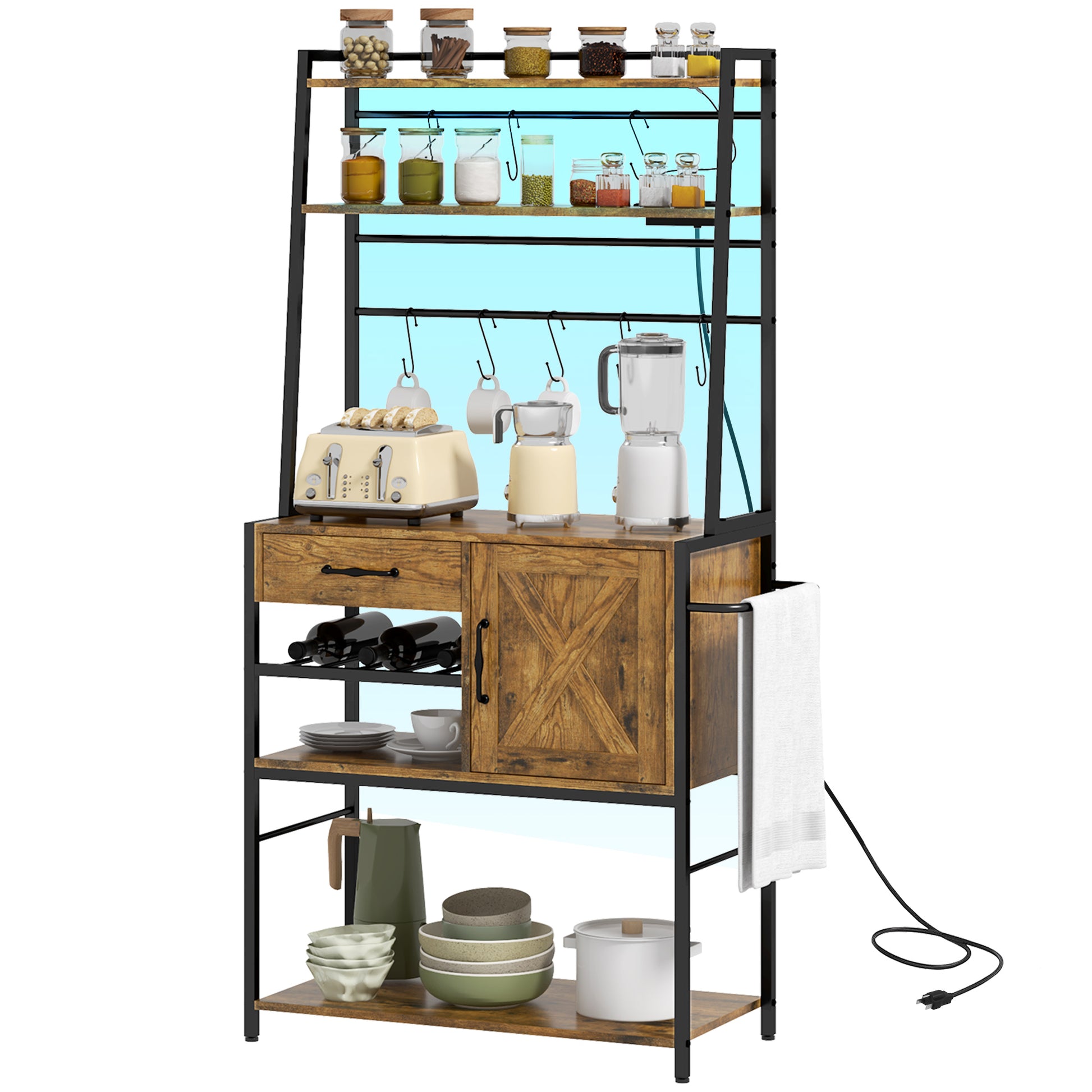 Rustic brown kitchen bakers rack with appliances and pantry jars