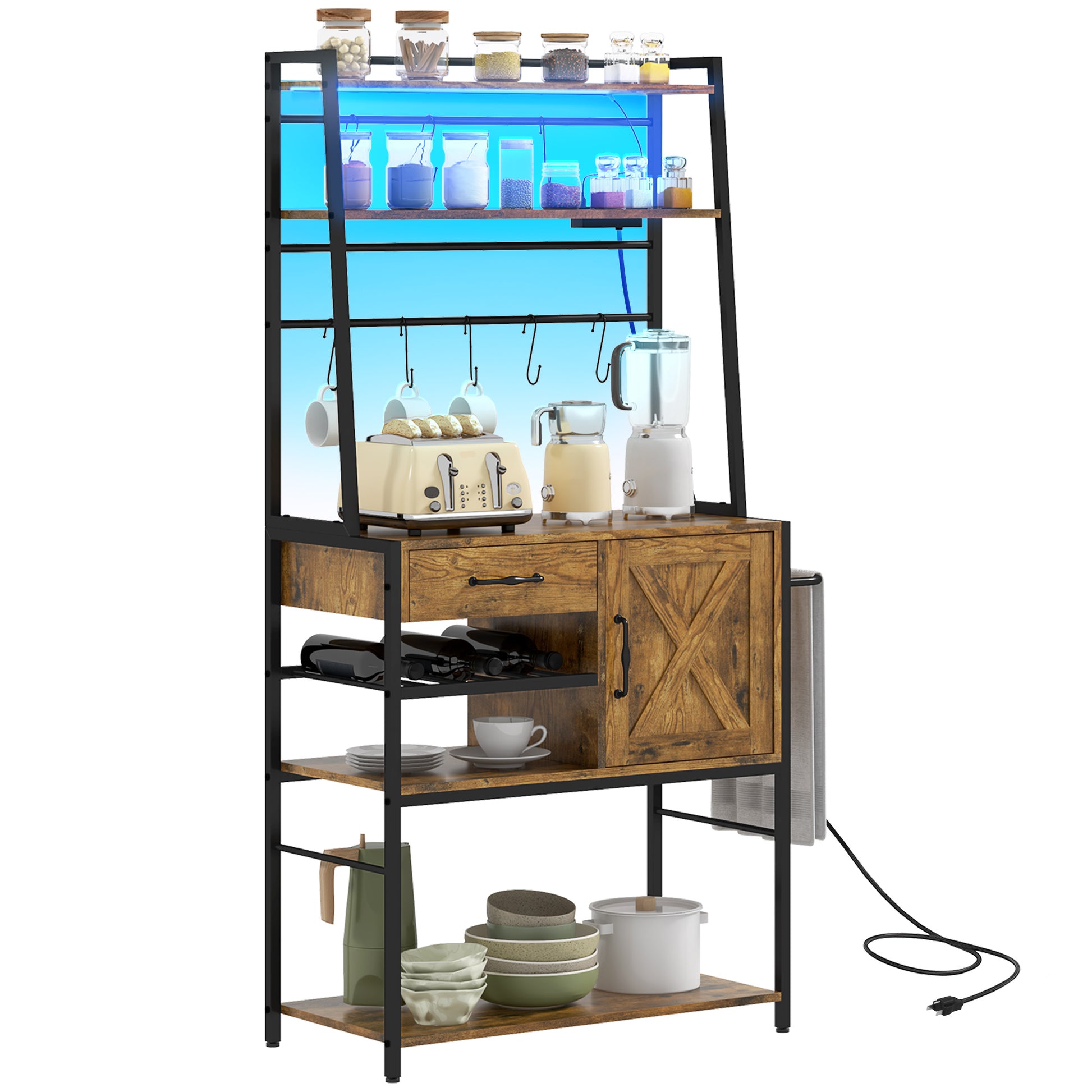 Rustic kitchen bakers rack with wood shelves and black metal frame