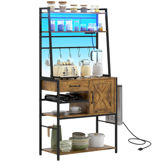 Rustic kitchen bakers rack with wood shelves and black metal frame