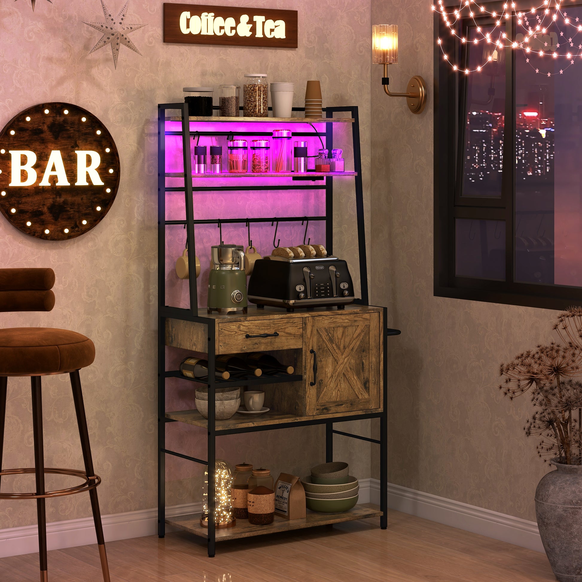 Rustic kitchen bakers rack with barn door cabinet and wine storage