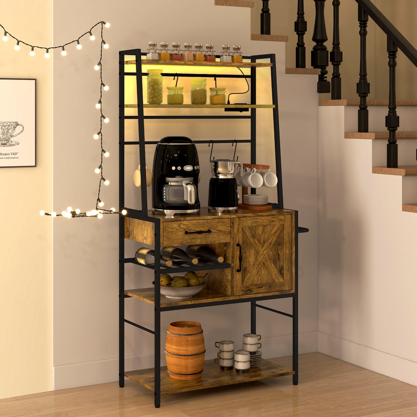 Rustic brown bakers rack with coffee maker and wine storage