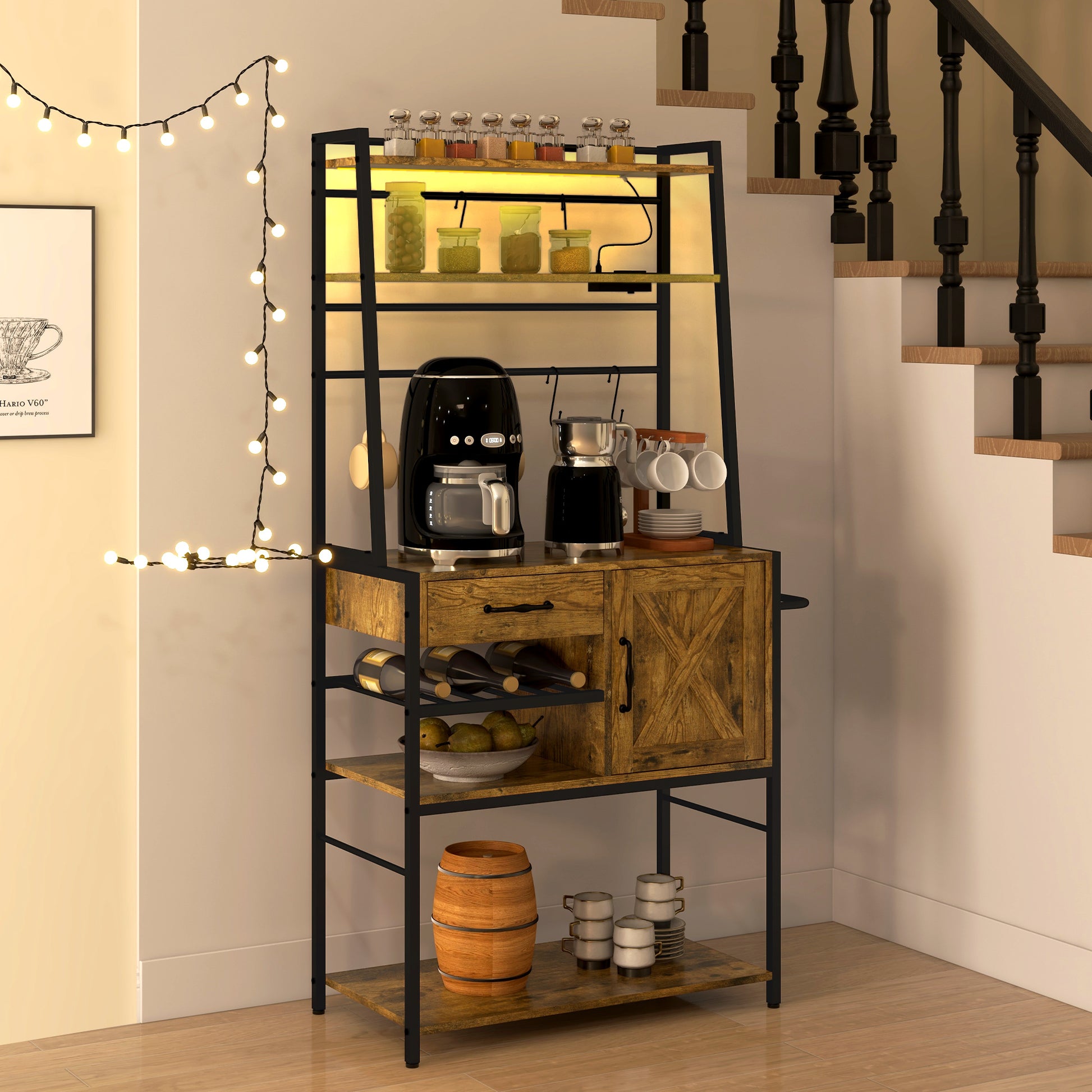 Rustic brown bakers rack with coffee maker and wine storage