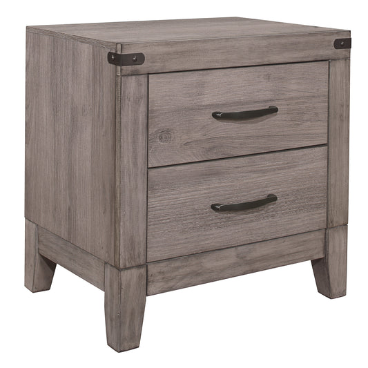 Rustic gray wood nightstand with two drawers and black metal hardware accents