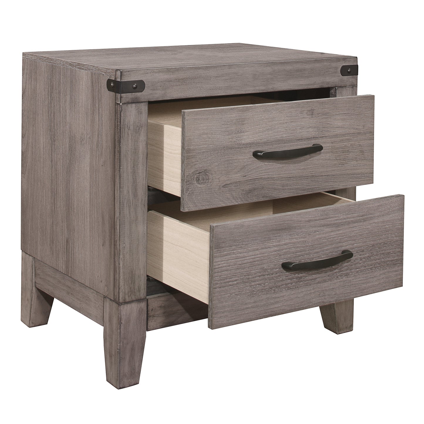 Gray washed wood nightstand with two drawers and black metal accents