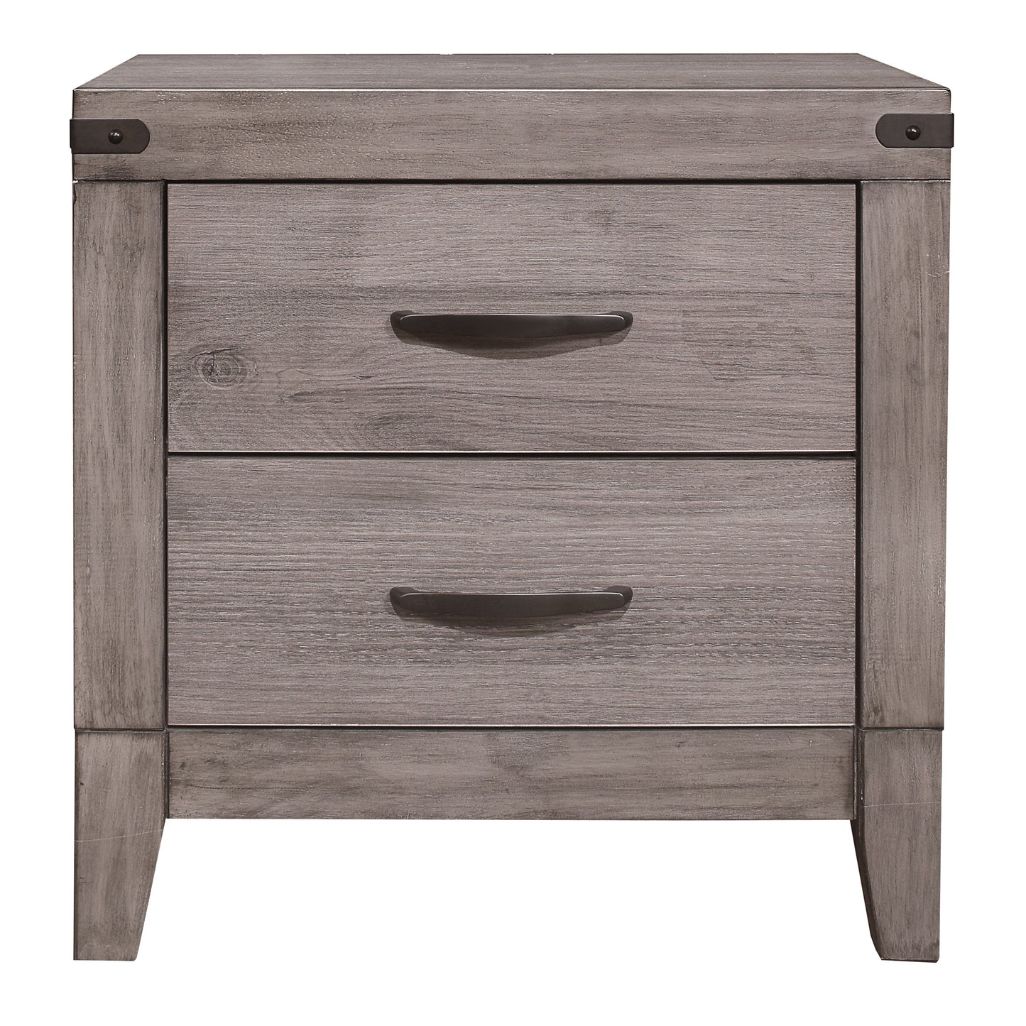 Gray washed wood nightstand with two drawers and dark metal accents