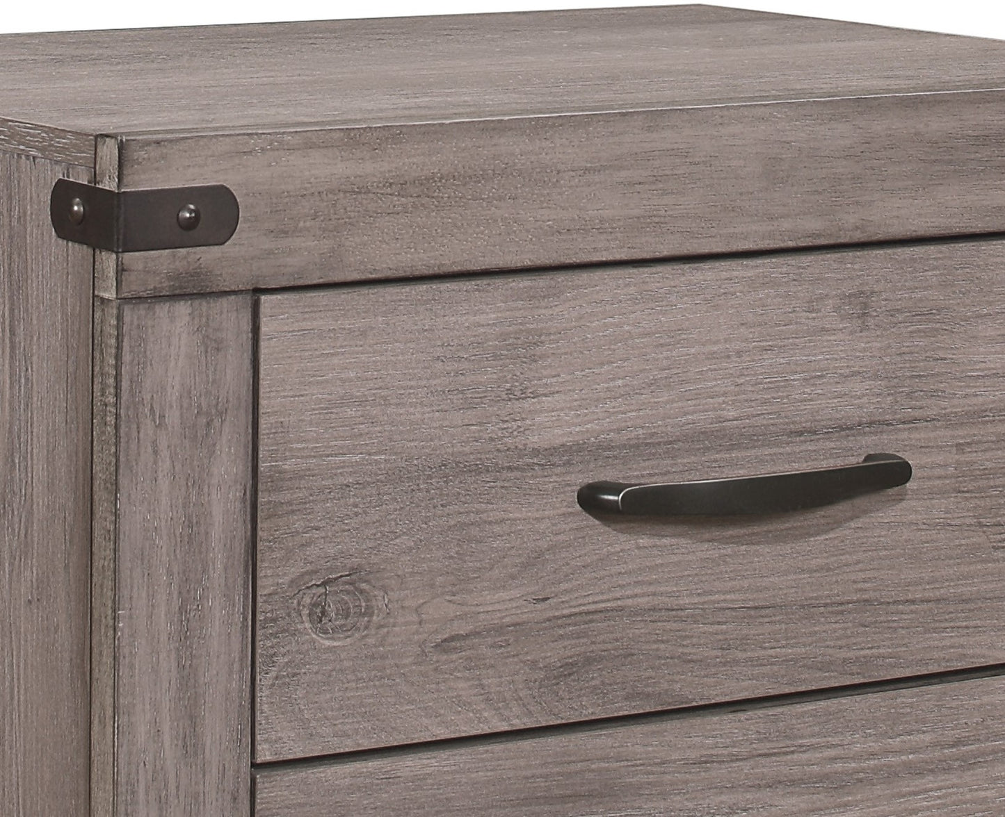 Rustic gray wood nightstand with black metal accents