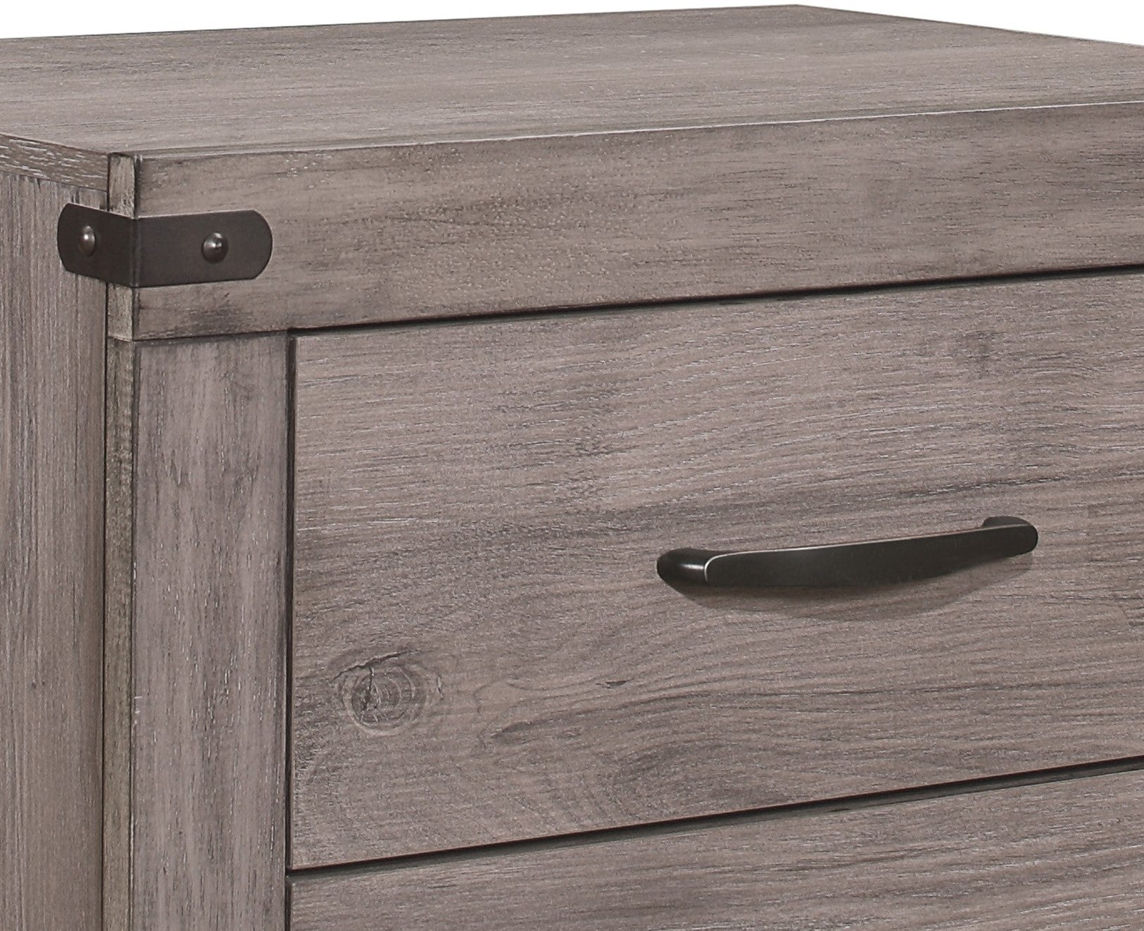 Rustic gray wood nightstand with black metal accents