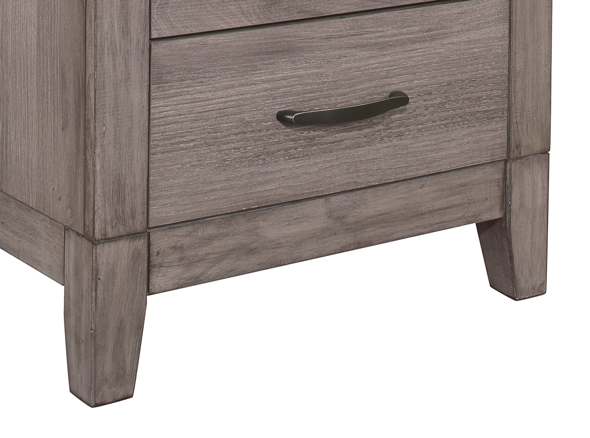 Distressed grey wood dresser drawer with dark metal pull