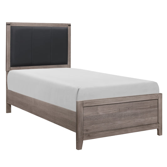 Gray wood twin bed with black tufted headboard and white sheet