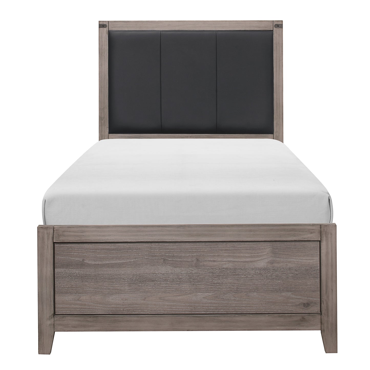 Modern twin bed with grey wood frame and charcoal upholstered headboard
