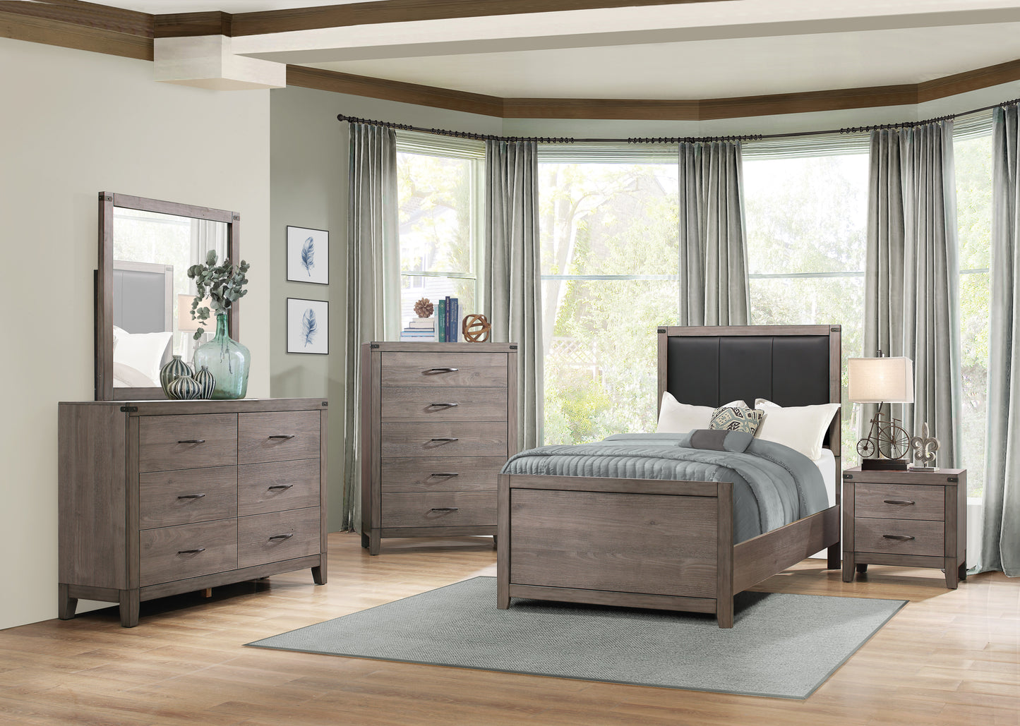 Gray wood queen bed frame with upholstered black headboard