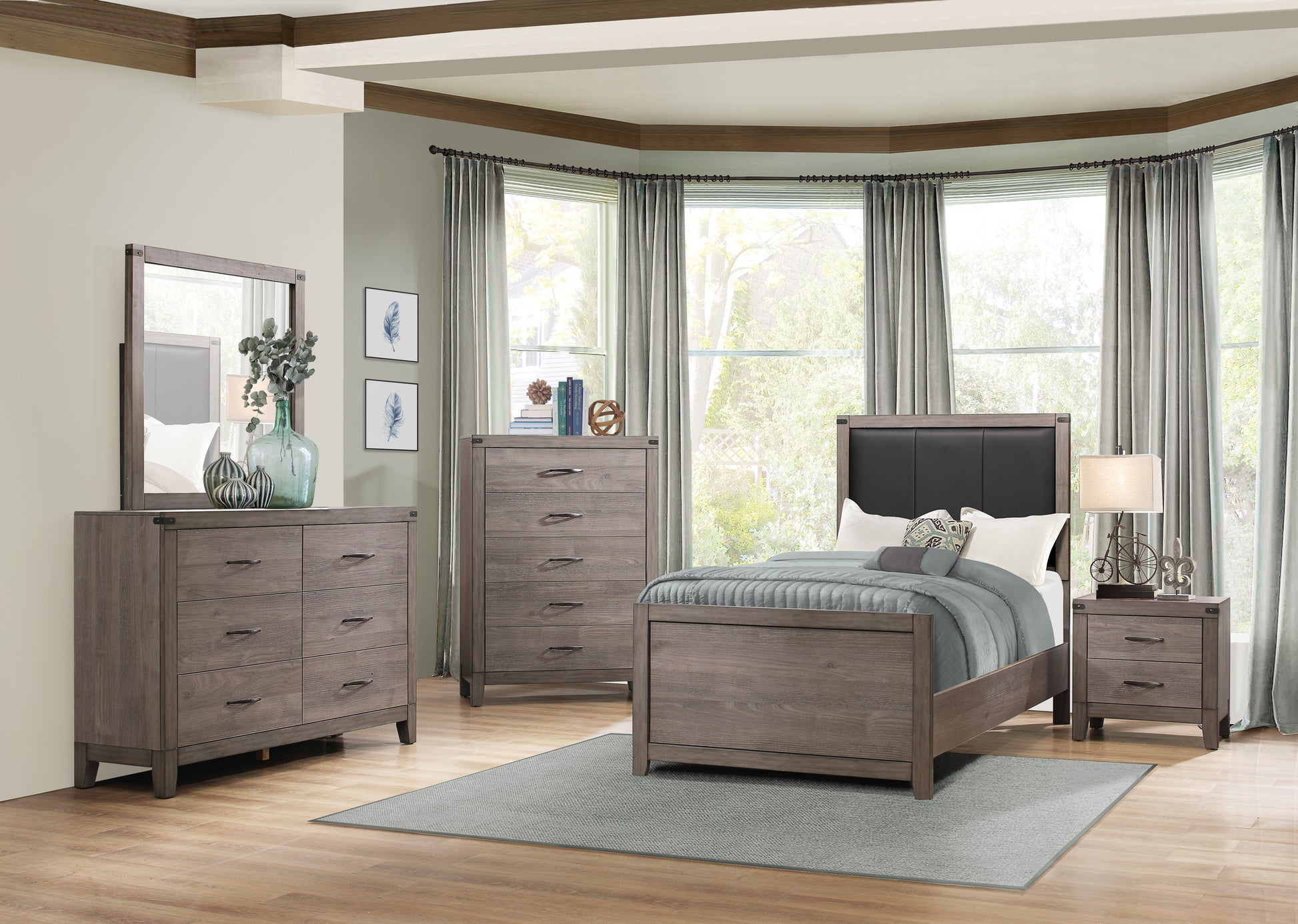 Gray wood queen bed frame with upholstered black headboard