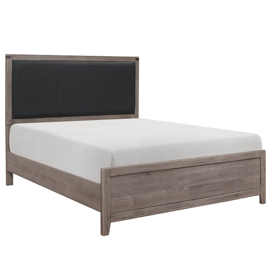 Modern grey wood queen bed frame with a charcoal upholstered headboard