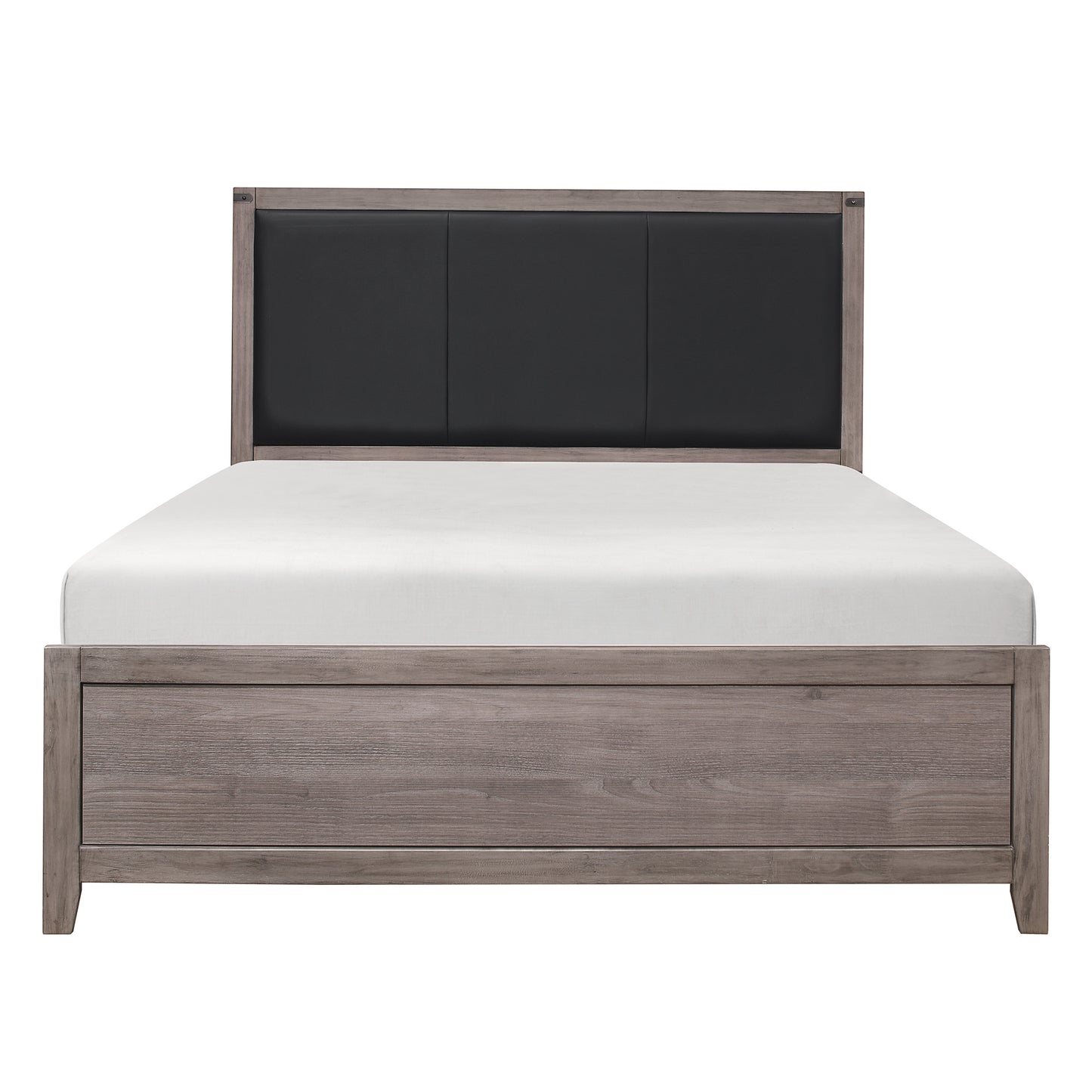 Modern grey wood and black upholstered panel headboard bed frame with white mattress