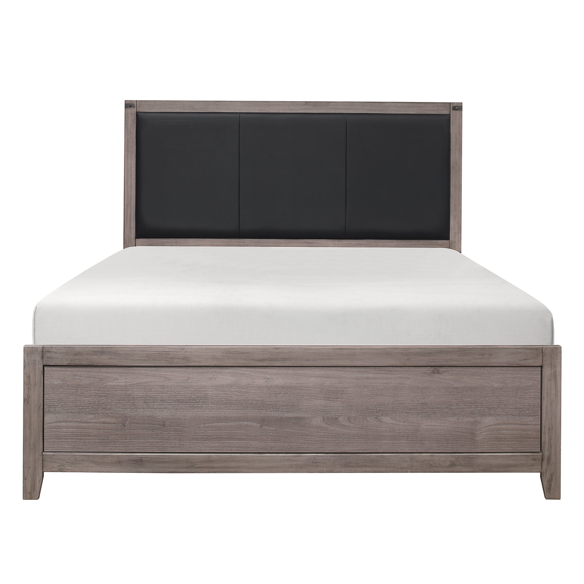 Modern grey wood and black upholstered panel headboard bed frame with white mattress