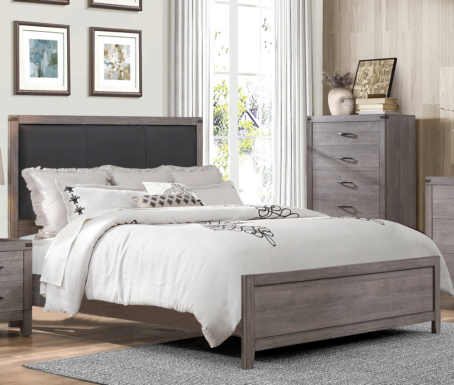 Gray wood platform bed frame with tufted upholstered headboard