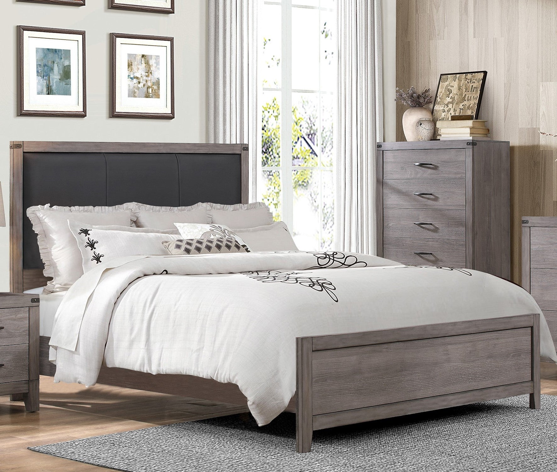 Gray wood platform bed frame with tufted upholstered headboard