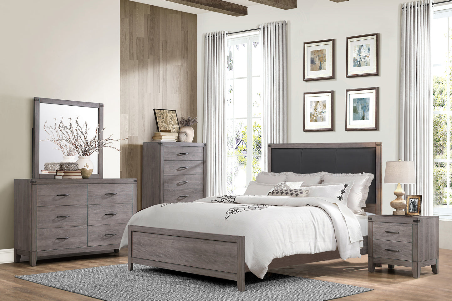 Gray wood drawer dresser with black hardware and metal accents
