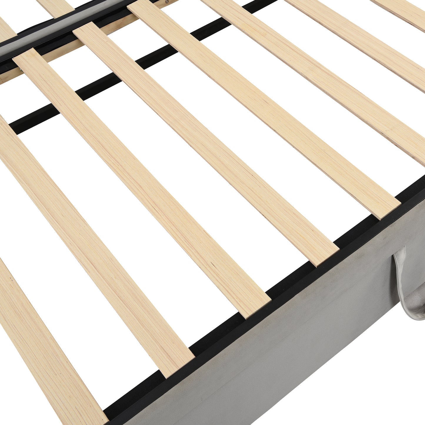 Wooden slat bed frame with grey upholstered base
